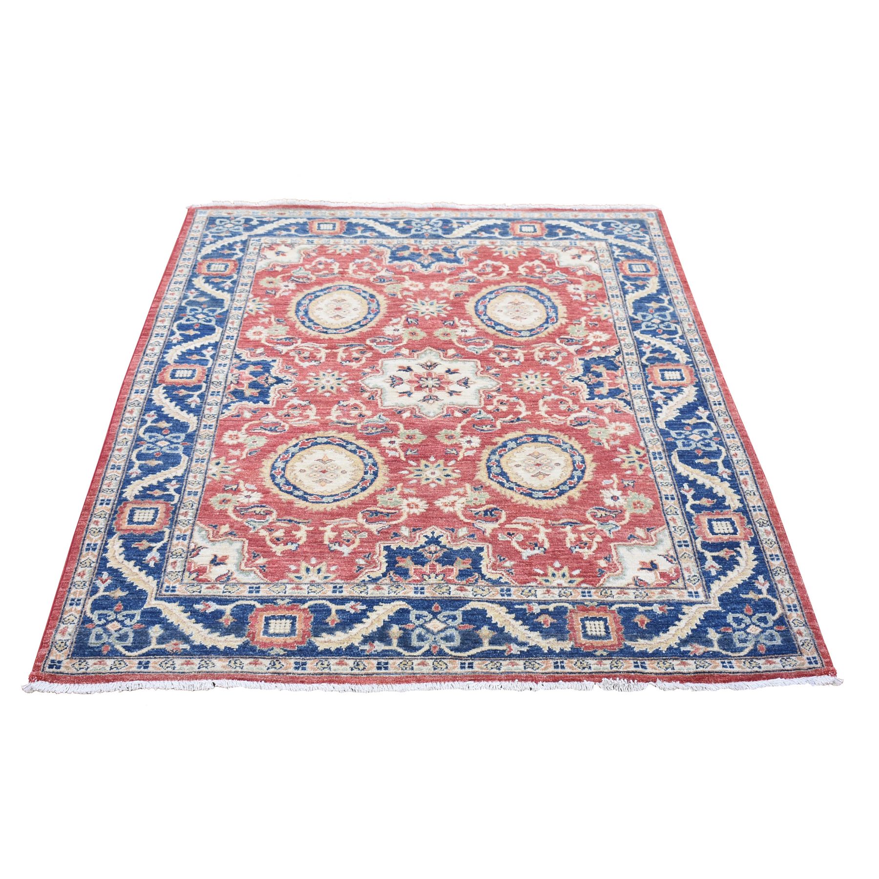 5'x6'6" Tomato Red, Peshawar Mahal Design with Soft Colors, Soft Wool Hand Knotted, Oriental Rug 